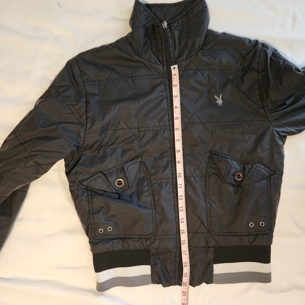 Playboy Jacket Black Bomber Style Quilted Rabbit Logo Patches Women's - Picture 12 of 12